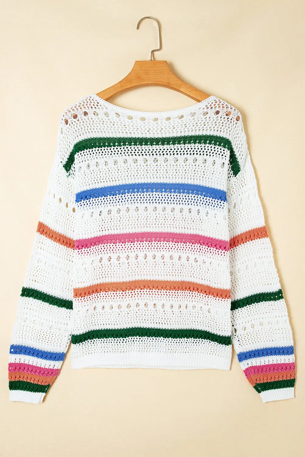 Premium White Color Block Striped Pointelle Knit Sweater Dear-Lover Dropshipping